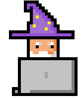 A pixel art wizard is sitting in front of the computer.
